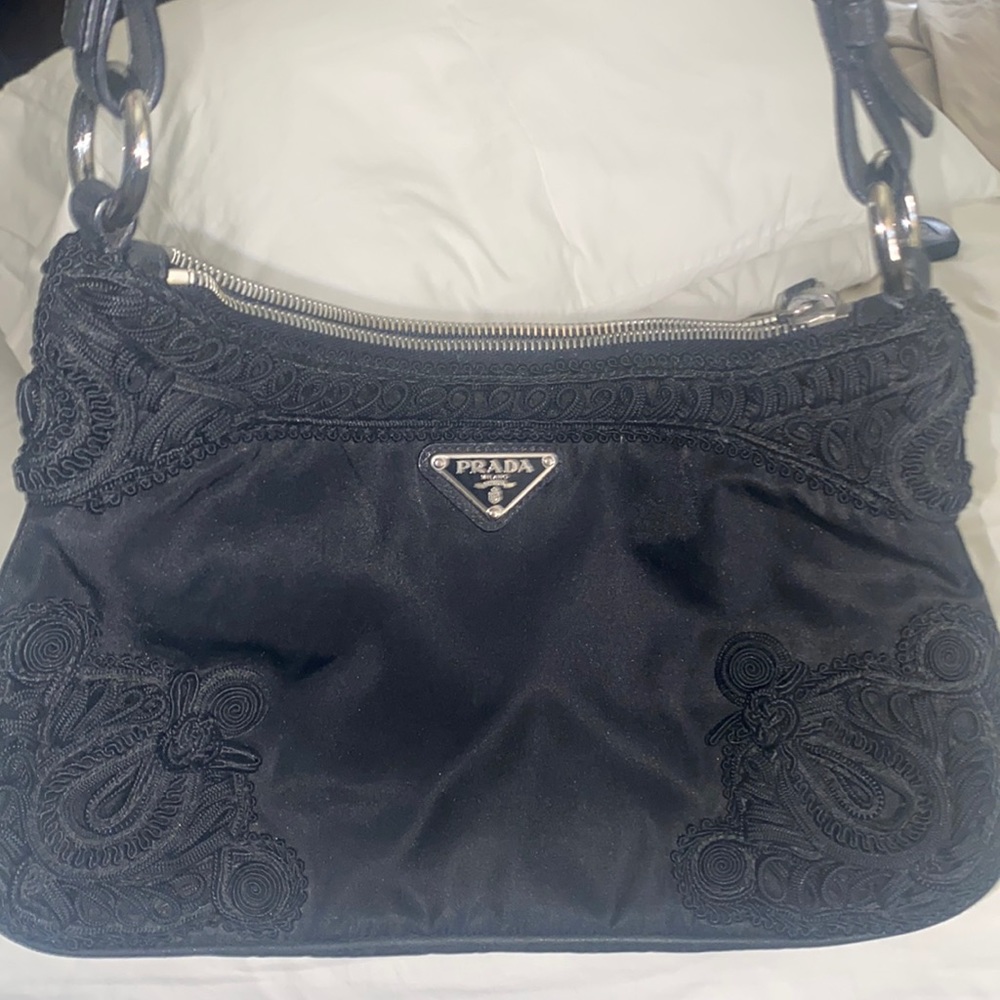 Vintage Prada Black Shoulder Bag with embroidered detail Excellent condition